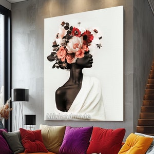 Print Stretched canvas, FW AFRI 17 African woman with flower art, colors art black, art wall decor, African portrait, Afrocentric, bar art