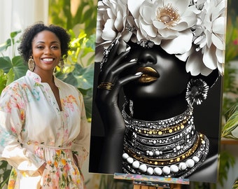 Print CANVAS Stretched canvas, AWN  (32) doc African womans with flower peony  ,the Beauty of the Desert, dance art peony