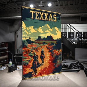 Print CANVAS Stretched canvas, texas landscape with two cowboy Wall Art, Western Desert Painting print, Trendy Vintage Aesthetic,