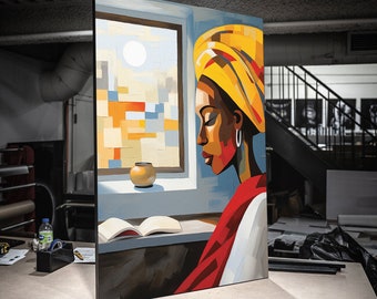 Afdrukken CANVAS uitgerekt canvas Afrikaanse vrouw bij het raam, kunst aan de muur zwart meisje, zwarte kunst canvas kunst aan de muur, Afro-Amerikaanse kunst