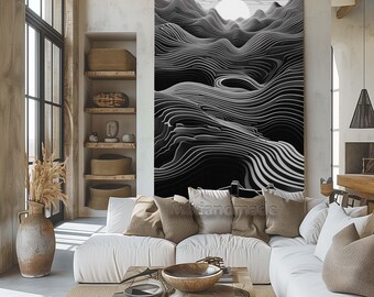 Abstract Topographic Canvas Wall Art, Black and White Landscape