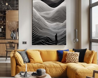 Abstract Topographic Canvas Wall Art, Black and White Landscape