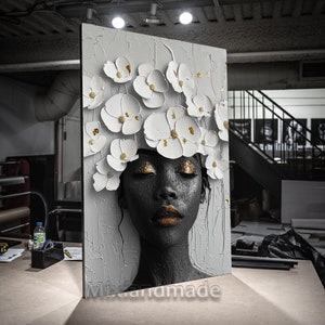 Print CANVAS Stretched canvas, FWAFRI 02 African woman with flower ,flower art , fashion art, gold line , model art, african woman canvas