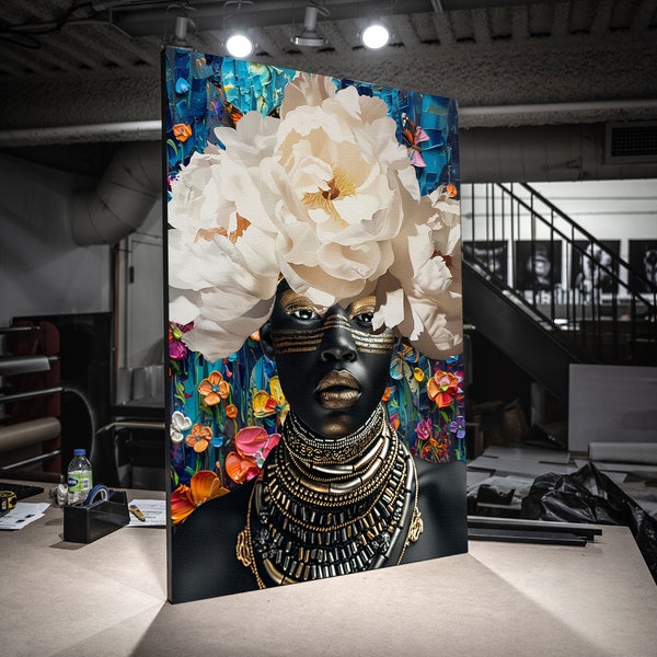 Flower Head Black Woman Framed Canvas Wall Art Etsy