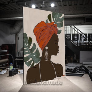 Print CANVAS AW  (11) Stretched canvas African woman flower art, art wall decor,  creative leaf Tropical Leaves