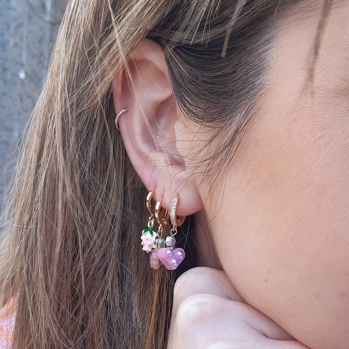 Huggie earrings with charm Resin charm earrings small Light Etsy