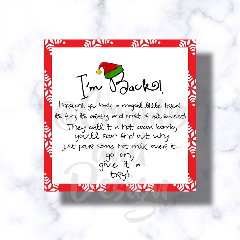 Elf is Back Hot Chocolate Bomb Tag Square Printable Tag | Etsy