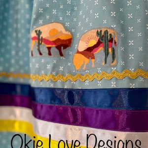 Ribbon Skirt- blue with white design & buffalo