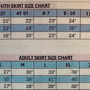 May include: A size chart for skirts, with measurements in inches. The chart includes youth sizes from 2T-3T to 11-12, and adult sizes from S to 3X. Measurements include waist, hip, and length.