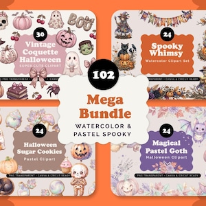Watercolor Halloween Clipart PNG Bundle, Soft Pastel Coquette Graphics 4 in 1, Pink Ghost Pumpkin Sugar Cookie PNG, Commercial Use Clipart