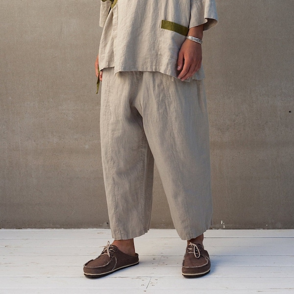 Linen Barrel Leg Pants COCOS, Natural Undyed Linen Pants, Yoga Pants, Unisex Pants, Loose Pants, Relaxed Fit Pants, Baggy Parachute Pants