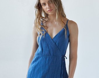 CAMELLIA Linen Wrap Dress: Spaghetti Strap Midi Sundress