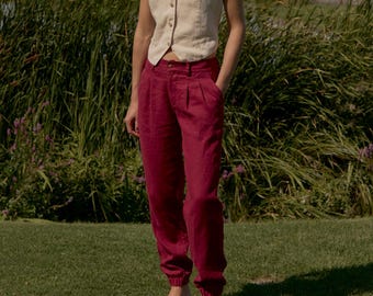 Women’s Pleated Linen Pants SAKURA, Zipper Fly, Elasticated Cuffs, Pockets