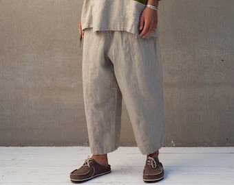 Linen Barrel Leg Pants COCOS, Natural Undyed Linen Pants, Yoga Pants, Unisex Pants, Loose Pants, Relaxed Fit Pants, Baggy Parachute Pants