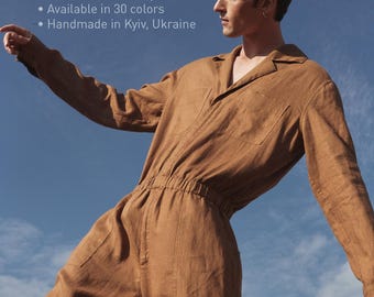 Men&#39;s Linen Front Zipper Jumpsuit OAKWOOD. Casual. Relaxed Fit. Custom Colors. Notched Collar
