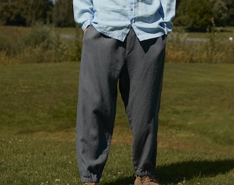 Relaxed Linen Trousers PLUM - Men's Loose Fit Pants - Tapered Leg