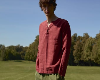 Men's Linen Shirt CEDAR, Relaxed V Neck Linen Top with Decorative Buttons