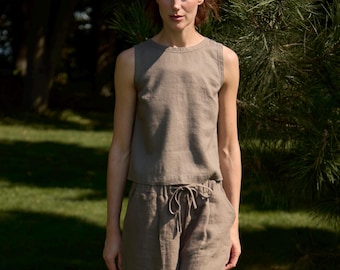Linen Crop Top POPPY, Wide Strap Tank, Sleeveless Flax Top, Minimalist Summer Blouse, Casual Office Top, Breathable Linen Shirt