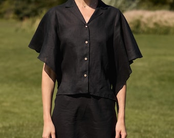 Linen Blouse ROSE, Crop Top, Flutter Sleeves