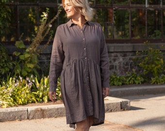 Linen dress TITHONIA with asymmetric hem and pockets