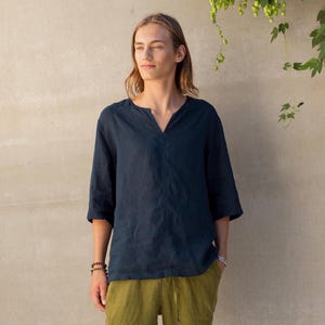 Men's Linen Shirt ALOE, 3/4 Sleeves, V-neck, Relaxed Fit