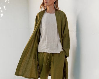 Linen Kimono Jacket MONOTROPA, Short Flax Jacket, Belted Unisex Jacket