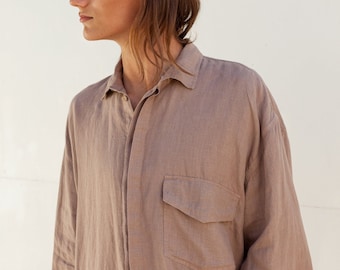 Men’s Oversized Linen Shirt FREESIA, Button Up Shirt, Stone Washed Linen Shirt