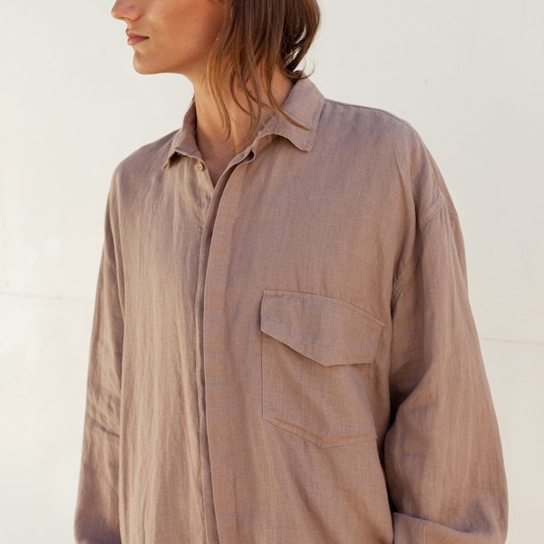 Men’s Oversized Linen Shirt FREESIA, Button Up Shirt, Stone Washed Linen Shirt