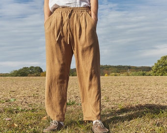 Linnen geplooide herenbroek CHIA, linnen broek met trekkoord en plooien, broek met omgeslagen manchetten