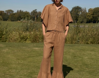 Linen Ruffle Hem Pants CHERRY - Relaxed Flowy Trousers