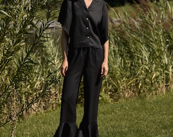 Linen Ruffle Hem Pants CHERRY - Relaxed Flowy Trousers