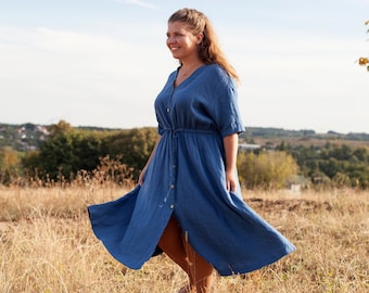 Linen Button Dress MUSA: Short Sleeve Dress with Pockets