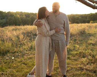 Men's Linen Shirt & Pants Set, Natural Undyed Linen Clothing, Lightweight 100% Linen Clothing