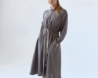 Linen Dress GOSSIA, raglan sleeve dress, long sleeve linen dress, v-neck linen dress, linen dress with buttons, midi dress