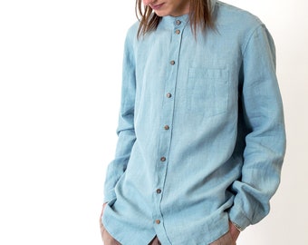 Men's Linen Band Collar Shirt PETUNIA