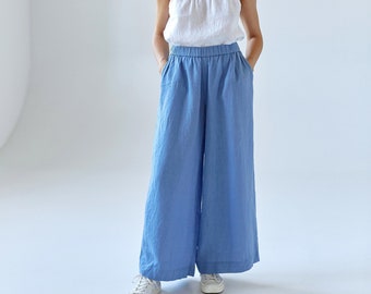 Wide-leg linen palazzo pants BABIANA, womens linen culottes with pockets