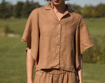 Women's Linen Blouse ROSE, Cropped Linen Shirt