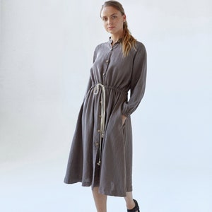Linen Midi Dress GOSSIA: Raglan Sleeve V-Neck with Buttons