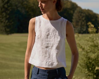 Linen Crop Top JASMINE, Wide Straps, Side Slits