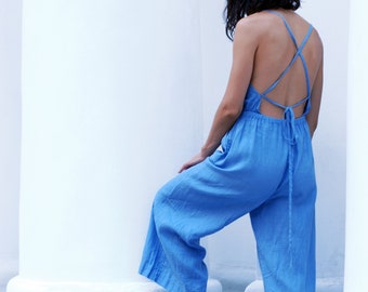 Linen Jumpsuit IONACTIS, Backless Jumpsuit, Open Back Jumpsuit, Women's Sleeveless Jumpsuit