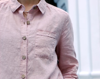 Camisa de lino con botones para mujer HACKELIA, costuras francesas
