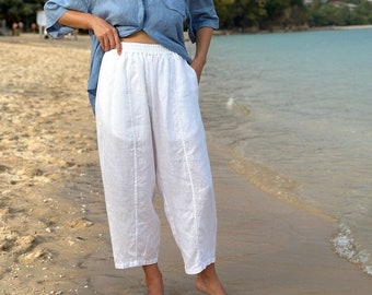 High Waisted Linen Pants COCOS, Women's Linen Pants, Tapered Leg Linen Pants, Barrel Leg Trousers