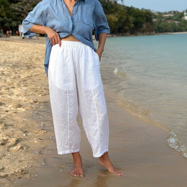 High Waisted Linen Pants COCOS, Women's Linen Pants, Tapered Leg Linen Pants, Barrel Leg Trousers