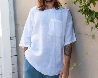 Oversized Linen T-shirt ANEMONE. Loose Shirt. Wide Sleeve T-shirt. Mens Linen Clothing