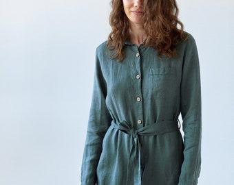 Linen shirt dress OLEA, green shirtdress, long linen shirt