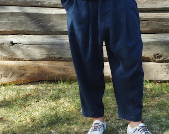 Pleated Linen Pants for Men BONSAI, Baggy Trousers, Summer Pants, Drawstring
