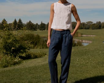 Women’s Pleated Linen Pants UME: Business Casual, Zipper Fly, Pockets
