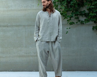 Men's Linen Set Shirt & Pants, Natural Linen Clothing, Linen Suit for Men, Linen Outfits for Man