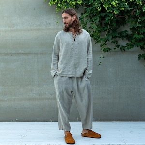 Men&#39;s Natural Linen Two Piece Set: Handmade French Seam Shirt & Pants