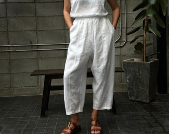 High Waisted Linen Pants COCOS, Women's Linen Pants, Tapered Leg Linen Pants, Barrel Leg Trousers